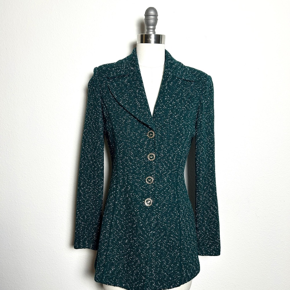 St. John Green Wool Vintage Santana Knit Longline Blazer Jacket Women Size 2 USA